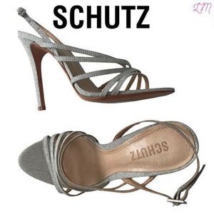 New Schutz Strappy‎ Silver Fine Glitter Heels Sandals NWOB Size 39/9